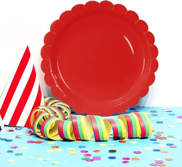 Alt view image 4 of 7 - HEIPINIUYE 50 Pieces Red Paper Plates 7 Inch Red Scalloped Plates Disposable Dinner Plates for Wedding Baby Shower Birthday Party Dessert Plates