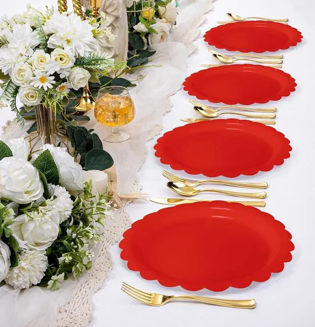 Alt view image 6 of 7 - HEIPINIUYE 50 Pieces Red Paper Plates 7 Inch Red Scalloped Plates Disposable Dinner Plates for Wedding Baby Shower Birthday Party Dessert Plates