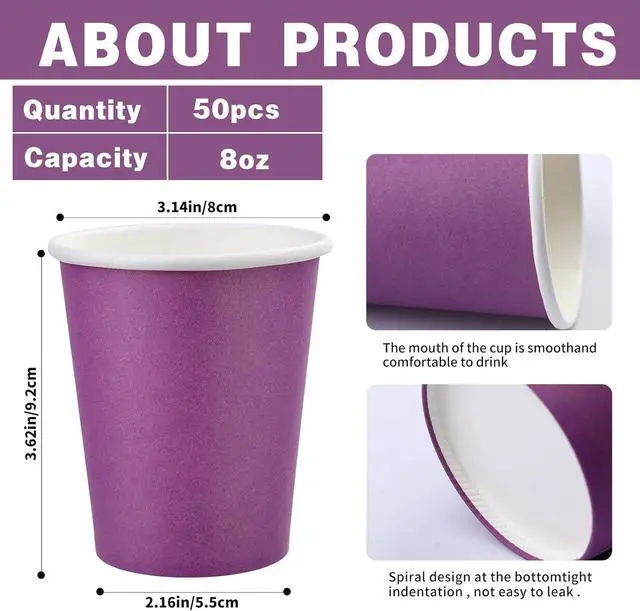 Alt view image 2 of 7 - Paper Cups 8 oz 25 Pack, Purple Paper Coffee Cups, Water Cups | 8 oz Coffee Cups for Hot or Cold Beverage Drinking for Party, Picnic, BBQ, Travel, and Event