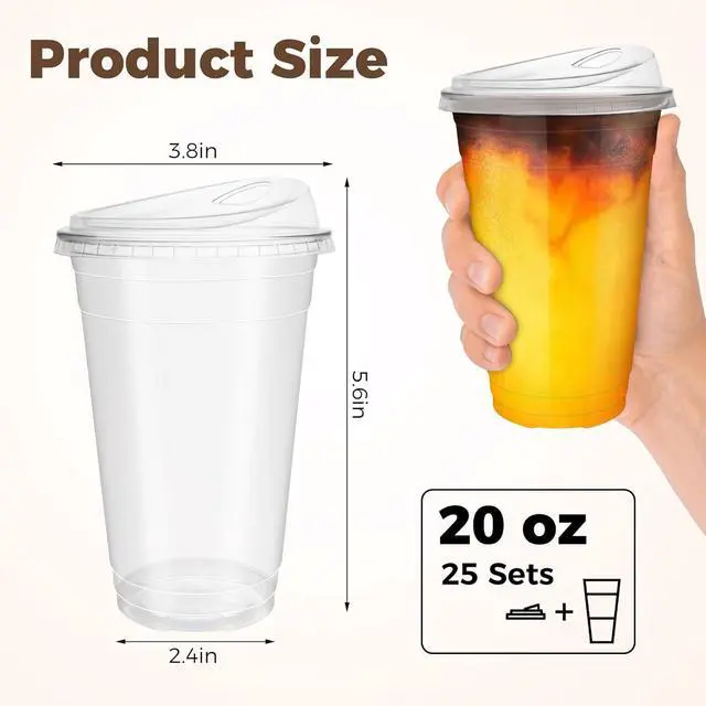 Alt view image 2 of 7 - GGOLDMER 25 Sets 20 oz Plastic Cups with Strawless Sip Lids, Disposable Iced Coffee Cups with Lids, Clear Plastic Cups with Lid for Cold Beverage, Smoothies, Juices