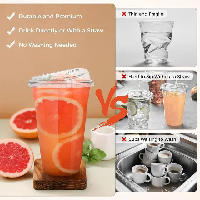 Alt view image 4 of 7 - GGOLDMER 25 Sets 20 oz Plastic Cups with Strawless Sip Lids, Disposable Iced Coffee Cups with Lids, Clear Plastic Cups with Lid for Cold Beverage, Smoothies, Juices
