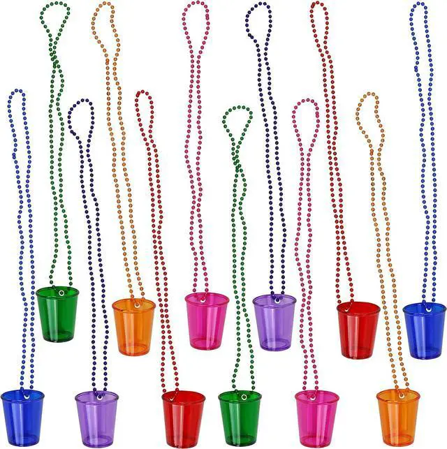 Alt view image 4 of 5 - Iconikal 12-Pack Shot Glasses on Beaded Necklace, Assorted Colors Durable Plastic 2 oz. Shot Glasses, Tailgating & More
