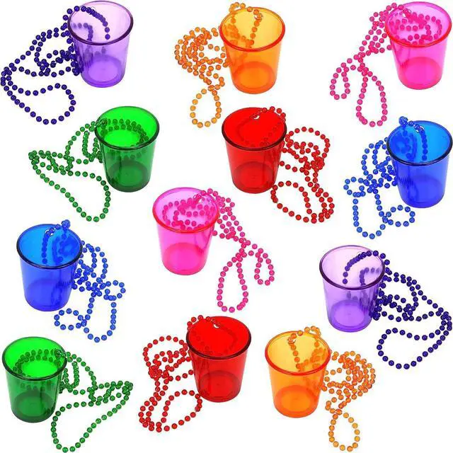 Alt view image 5 of 5 - Iconikal 12-Pack Shot Glasses on Beaded Necklace, Assorted Colors Durable Plastic 2 oz. Shot Glasses, Tailgating & More