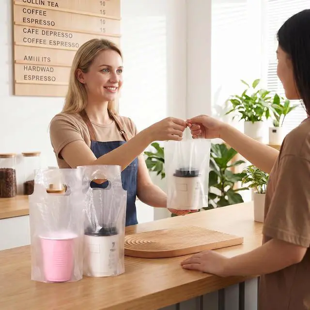 Alt view image 5 of 7 - 100 Pcs Clear Handle Drinking Poly Bags, 1 Cup Drink Carrier for Delivery Plastic Drinking Bags with Handle 6 x 10 Inch for Single Cup