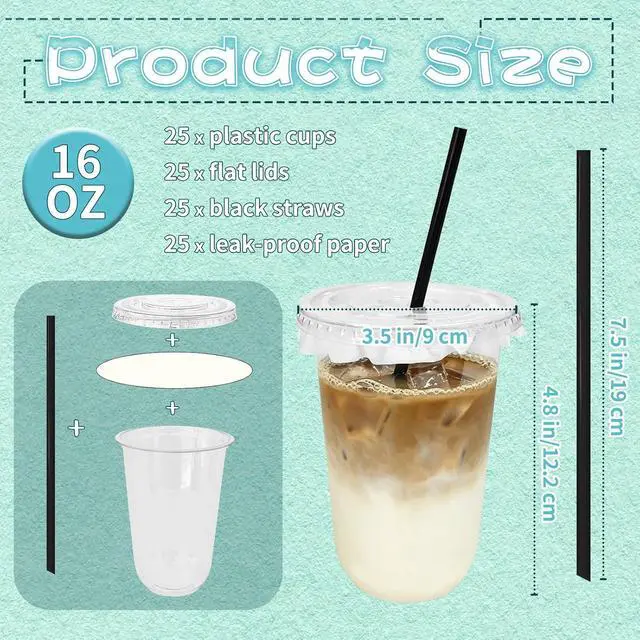 Alt view image 2 of 7 - Zddaoole 25 Pack Clear Plastic Cups with Lids and Straws,16 oz Disposable Iced Coffee Cups,PET Crystal Cups with Leak-proof paper for Cold Drinks,Juice,Smoothie