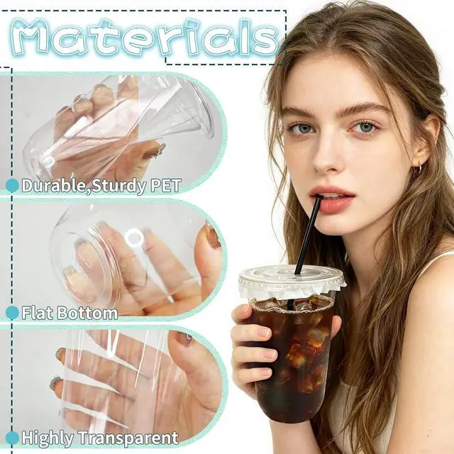 Alt view image 3 of 7 - Zddaoole 25 Pack Clear Plastic Cups with Lids and Straws,16 oz Disposable Iced Coffee Cups,PET Crystal Cups with Leak-proof paper for Cold Drinks,Juice,Smoothie