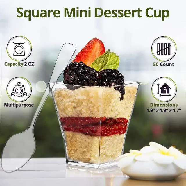 Alt view image 3 of 7 - Oasis Creations Square Mini Dessert Cup - 2 Ounce - Durable Crystal Clear Plastic - 50 Count - Ideal for Desserts, Appetizers, Entrees, Puddings, Mousse and More!