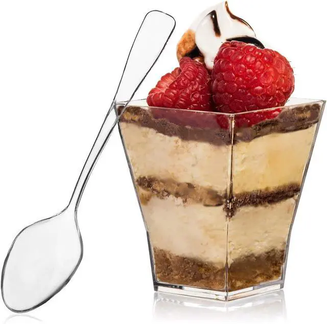 Alt view image 2 of 7 - Oasis Creations Square Mini Dessert Cup - 2 Ounce - Durable Crystal Clear Plastic - 50 Count - Ideal for Desserts, Appetizers, Entrees, Puddings, Mousse and More!