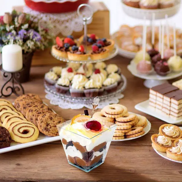 Alt view image 4 of 7 - Oasis Creations Square Mini Dessert Cup - 2 Ounce - Durable Crystal Clear Plastic - 50 Count - Ideal for Desserts, Appetizers, Entrees, Puddings, Mousse and More!