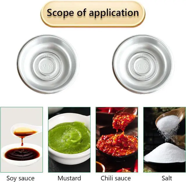 Alt view image 6 of 7 - 100 Pcs Plastic Disposable Sauce Dishes, Dipping Soy Sauce Seasoning Plate Bowls, Mini Condiment Appetizer Tray for Sushi Soy Mustard Vinegar Ketchup BBQ, Silver Circular