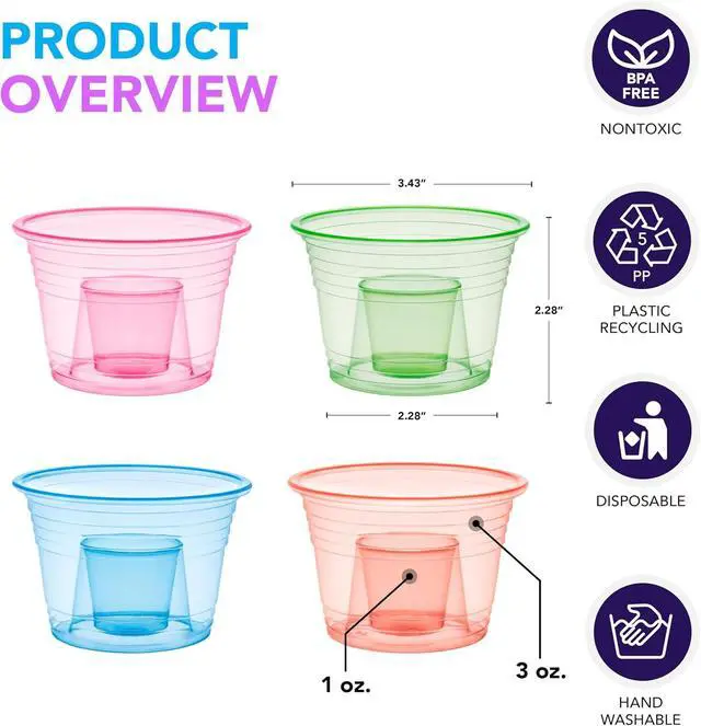 Alt view image 3 of 7 - Party Essentials Soft Plastic Bomber Shot Cups, Jager Blaster Power Bombs Cups, 3 oz., 50-Count, Assorted Neon