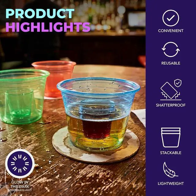 Alt view image 6 of 7 - Party Essentials Soft Plastic Bomber Shot Cups, Jager Blaster Power Bombs Cups, 3 oz., 50-Count, Assorted Neon