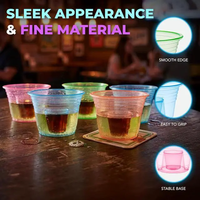 Alt view image 5 of 7 - Party Essentials Soft Plastic Bomber Shot Cups, Jager Blaster Power Bombs Cups, 3 oz., 50-Count, Assorted Neon