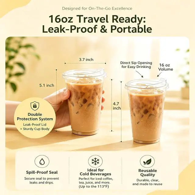 Alt view image 3 of 7 - 16oz Clear Plastic Cups with Strawless Sip Lids, 25 Sets Disposable Iced Coffee Cups for Iced Coffee, Smoothie, Cold Drinks - Perfect for Party, Home & Office