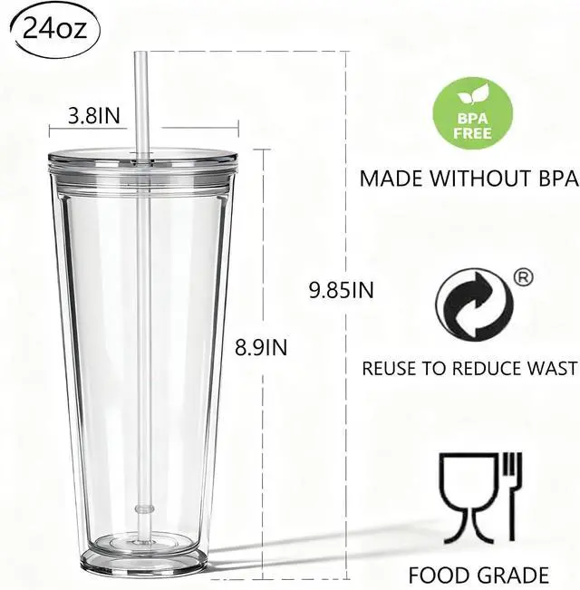 Alt view image 2 of 7 - 24oz Tumbler with Lid and Straw, Leak Proof and Double Wall Insulated Reusable Plastic Cups,Travel Reusable Iced Coffee Cup (1, Transparent Color)