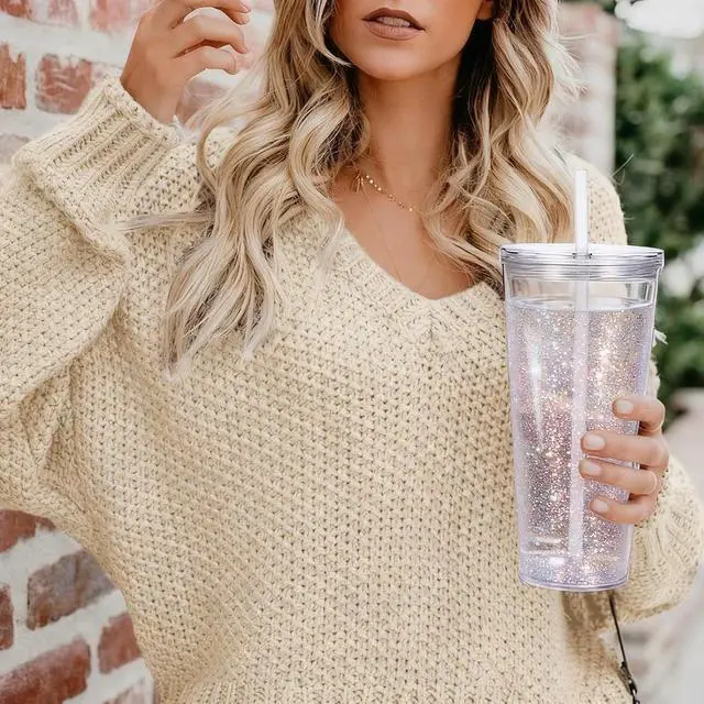 Alt view image 5 of 7 - 24oz Tumbler with Lid and Straw, Leak Proof and Double Wall Insulated Reusable Plastic Cups,Travel Reusable Iced Coffee Cup (1, Transparent Color)