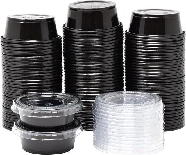 Main image of Small Plastic Containers with Lids Black 1.5 oz, 100 Sets | Jello Shot Cups, Disposable Portion Cups, Condiment Containers, Souffle Cups for Sauce and Dressing