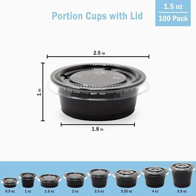 Alt view image 2 of 7 - Small Plastic Containers with Lids Black 1.5 oz, 100 Sets | Jello Shot Cups, Disposable Portion Cups, Condiment Containers, Souffle Cups for Sauce and Dressing