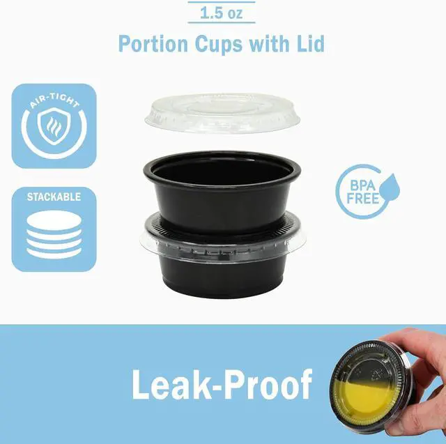 Alt view image 3 of 7 - Small Plastic Containers with Lids Black 1.5 oz, 100 Sets | Jello Shot Cups, Disposable Portion Cups, Condiment Containers, Souffle Cups for Sauce and Dressing