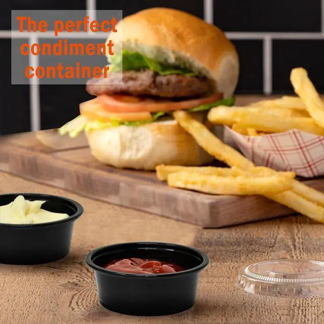 Alt view image 6 of 7 - Small Plastic Containers with Lids Black 1.5 oz, 100 Sets | Jello Shot Cups, Disposable Portion Cups, Condiment Containers, Souffle Cups for Sauce and Dressing