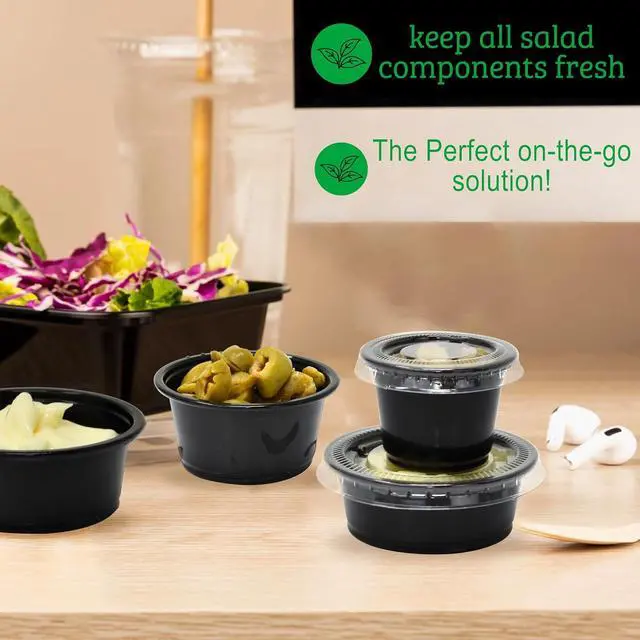 Alt view image 7 of 7 - Small Plastic Containers with Lids Black 1.5 oz, 100 Sets | Jello Shot Cups, Disposable Portion Cups, Condiment Containers, Souffle Cups for Sauce and Dressing