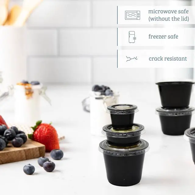 Alt view image 5 of 7 - Small Plastic Containers with Lids Black 1.5 oz, 100 Sets | Jello Shot Cups, Disposable Portion Cups, Condiment Containers, Souffle Cups for Sauce and Dressing