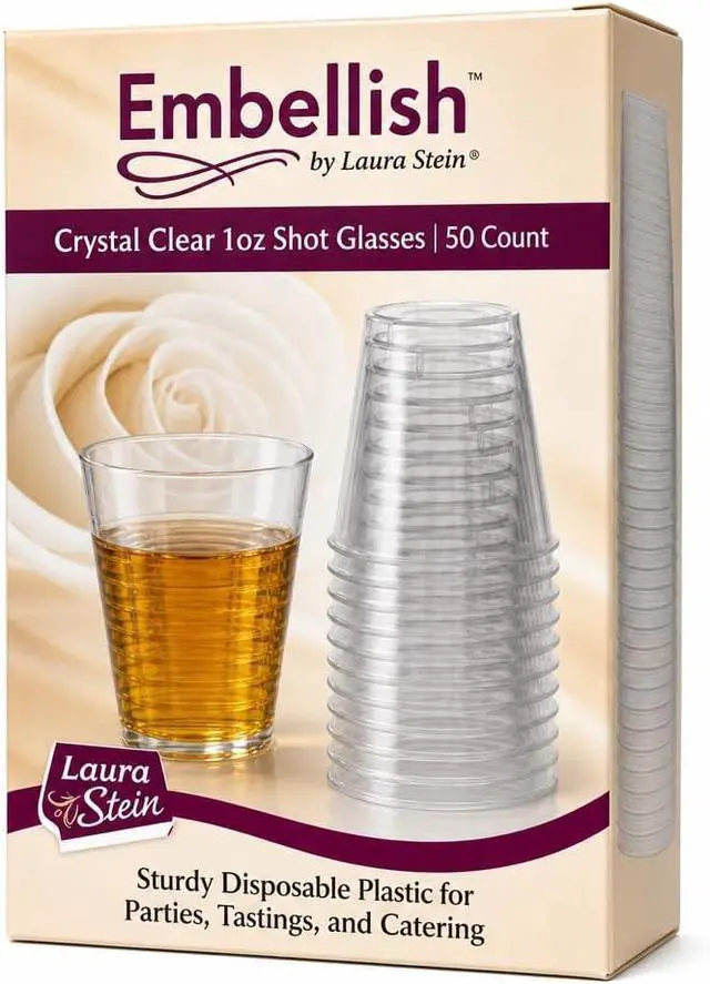 Main image of Embellish Crystal Clear Hard Plastic 1oz Clear Shot Glass Pack Of 50 | For jello shots, whiskey tastings, liquor samples, sauces & dips; rigid glass look; bulk supply for bars & parties