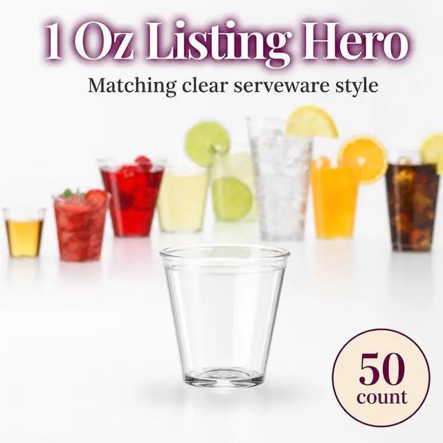 Alt view image 4 of 7 - Embellish Crystal Clear Hard Plastic 1oz Clear Shot Glass Pack Of 50 | For jello shots, whiskey tastings, liquor samples, sauces & dips; rigid glass look; bulk supply for bars & parties
