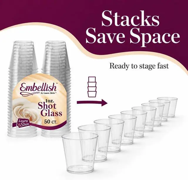 Alt view image 6 of 7 - Embellish Crystal Clear Hard Plastic 1oz Clear Shot Glass Pack Of 50 | For jello shots, whiskey tastings, liquor samples, sauces & dips; rigid glass look; bulk supply for bars & parties
