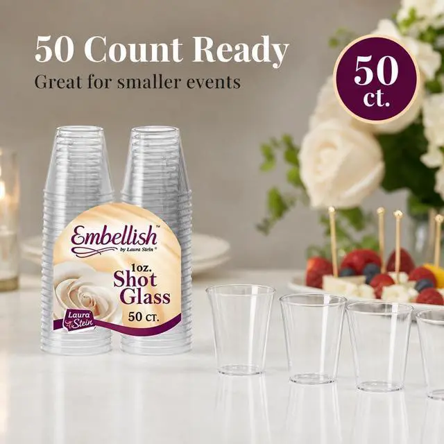 Alt view image 7 of 7 - Embellish Crystal Clear Hard Plastic 1oz Clear Shot Glass Pack Of 50 | For jello shots, whiskey tastings, liquor samples, sauces & dips; rigid glass look; bulk supply for bars & parties