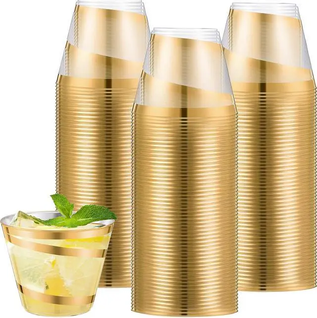 Main image of Gejoy 24 Pcs 9 oz Rimmed Swirl Plastic Cups Disposable Wine Drinking Cups Clear Elegant Graduation Tumblers for Wedding Party Supplies (Gold,Classic)