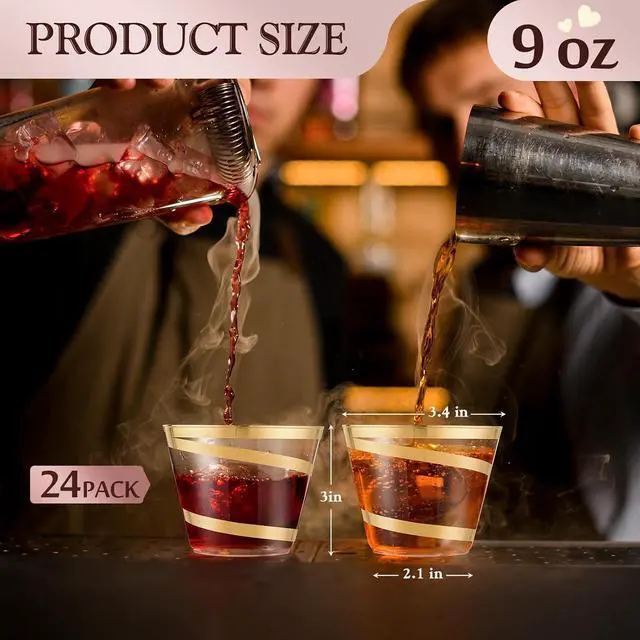 Alt view image 2 of 7 - Gejoy 24 Pcs 9 oz Rimmed Swirl Plastic Cups Disposable Wine Drinking Cups Clear Elegant Graduation Tumblers for Wedding Party Supplies (Gold,Classic)