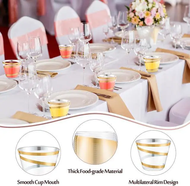 Alt view image 3 of 7 - Gejoy 24 Pcs 9 oz Rimmed Swirl Plastic Cups Disposable Wine Drinking Cups Clear Elegant Graduation Tumblers for Wedding Party Supplies (Gold,Classic)