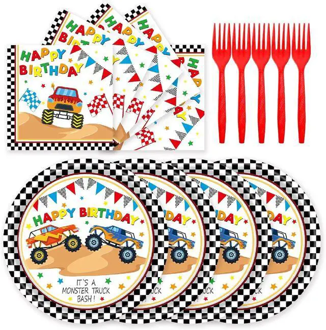 Main image of 72Pcs Racing Car Party Plates and Napkins Monster Truck Birthday Party Supplies Disposable Checkered Race Tableware Set for Boys Birthday Wheel Sports Baby Shower Decorations Serves 24
