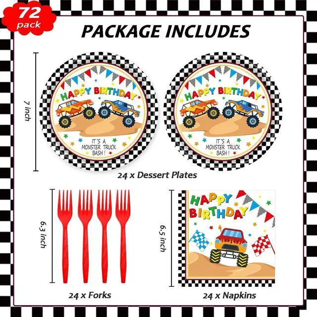 Alt view image 2 of 7 - 72Pcs Racing Car Party Plates and Napkins Monster Truck Birthday Party Supplies Disposable Checkered Race Tableware Set for Boys Birthday Wheel Sports Baby Shower Decorations Serves 24