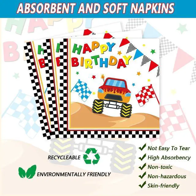 Alt view image 4 of 7 - 72Pcs Racing Car Party Plates and Napkins Monster Truck Birthday Party Supplies Disposable Checkered Race Tableware Set for Boys Birthday Wheel Sports Baby Shower Decorations Serves 24