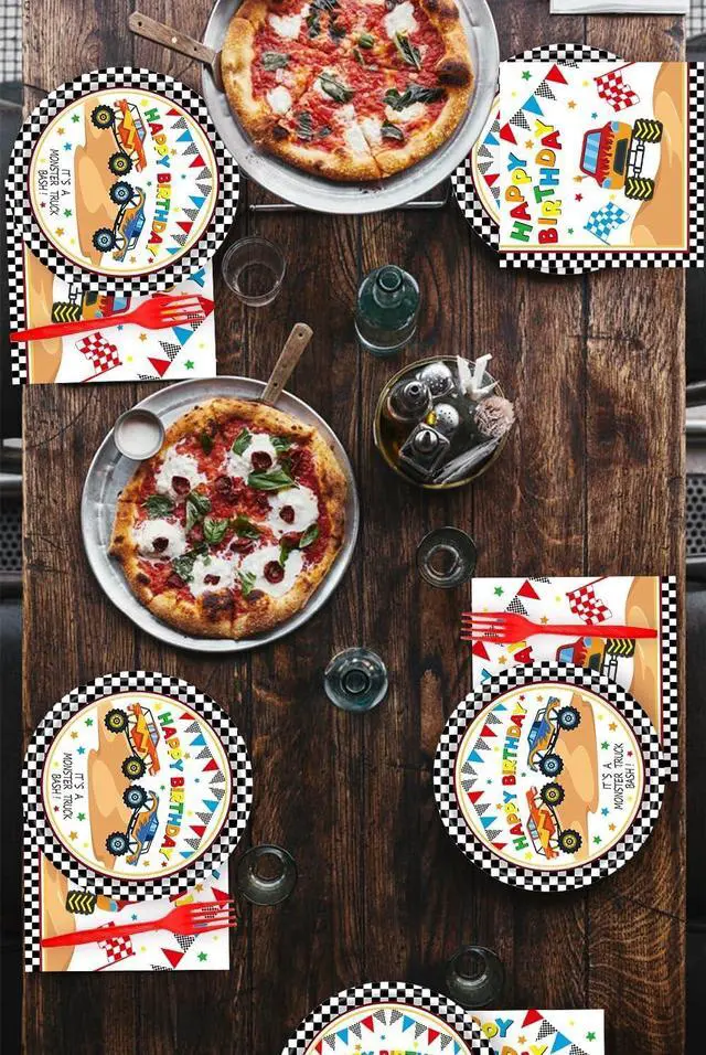 Alt view image 6 of 7 - 72Pcs Racing Car Party Plates and Napkins Monster Truck Birthday Party Supplies Disposable Checkered Race Tableware Set for Boys Birthday Wheel Sports Baby Shower Decorations Serves 24