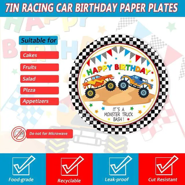 Alt view image 3 of 7 - 72Pcs Racing Car Party Plates and Napkins Monster Truck Birthday Party Supplies Disposable Checkered Race Tableware Set for Boys Birthday Wheel Sports Baby Shower Decorations Serves 24