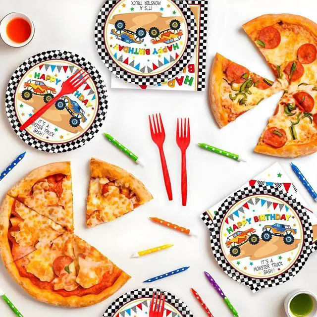 Alt view image 5 of 7 - 72Pcs Racing Car Party Plates and Napkins Monster Truck Birthday Party Supplies Disposable Checkered Race Tableware Set for Boys Birthday Wheel Sports Baby Shower Decorations Serves 24