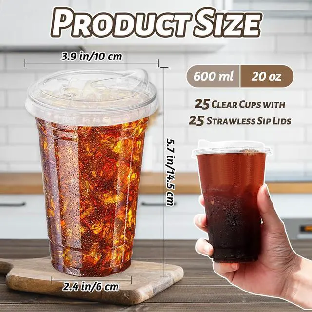 Alt view image 2 of 7 - Qinsihwn 20 oz Clear Plastic Cups with Strawless Sip Lid,25 Sets Disposable Iced Coffee Cups with Lids,Disposable Clear Plastic Cups with Lids for Iced Coffee,Smoothie,Cold Drinks for Party