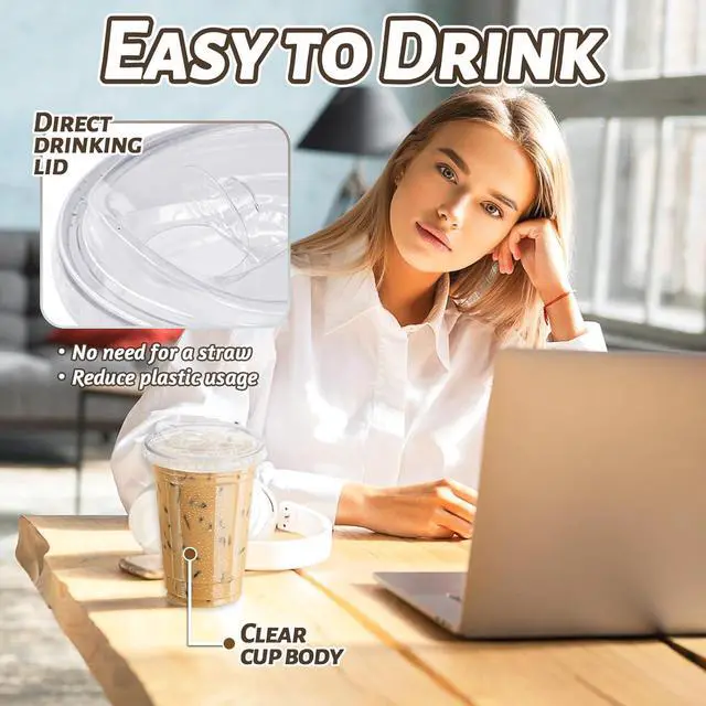 Alt view image 4 of 7 - Qinsihwn 20 oz Clear Plastic Cups with Strawless Sip Lid,25 Sets Disposable Iced Coffee Cups with Lids,Disposable Clear Plastic Cups with Lids for Iced Coffee,Smoothie,Cold Drinks for Party