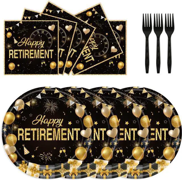 Main image of 72Pcs Retirement Plates and Napkins, Black Gold Happy Retirement Party Decorations Paper Plates and Napkins with Forks Disposable Tableware Set for Men Women
