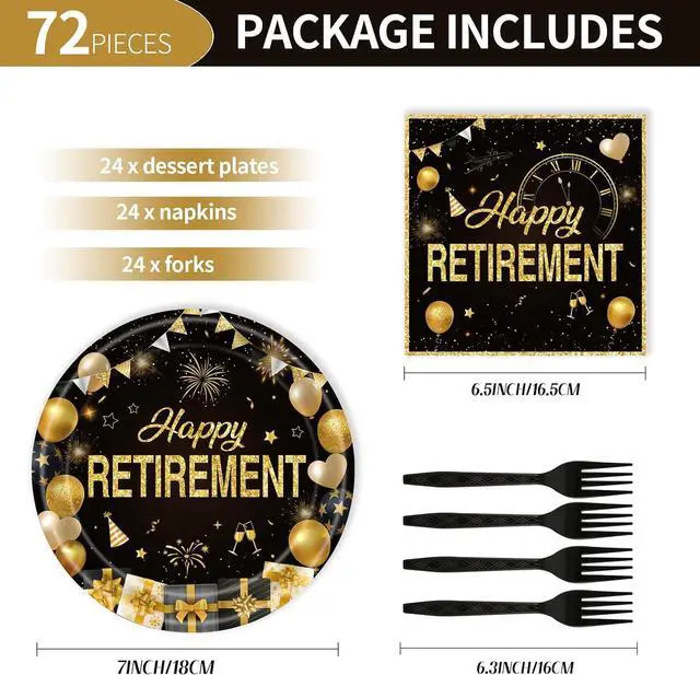 Alt view image 2 of 7 - 72Pcs Retirement Plates and Napkins, Black Gold Happy Retirement Party Decorations Paper Plates and Napkins with Forks Disposable Tableware Set for Men Women