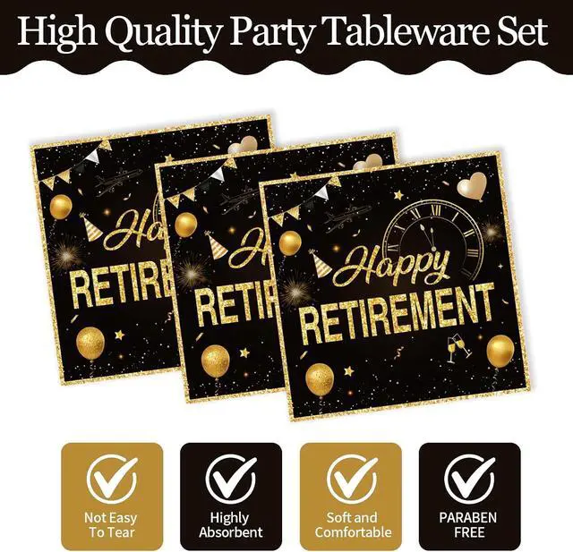 Alt view image 4 of 7 - 72Pcs Retirement Plates and Napkins, Black Gold Happy Retirement Party Decorations Paper Plates and Napkins with Forks Disposable Tableware Set for Men Women