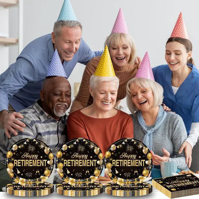 Alt view image 6 of 7 - 72Pcs Retirement Plates and Napkins, Black Gold Happy Retirement Party Decorations Paper Plates and Napkins with Forks Disposable Tableware Set for Men Women