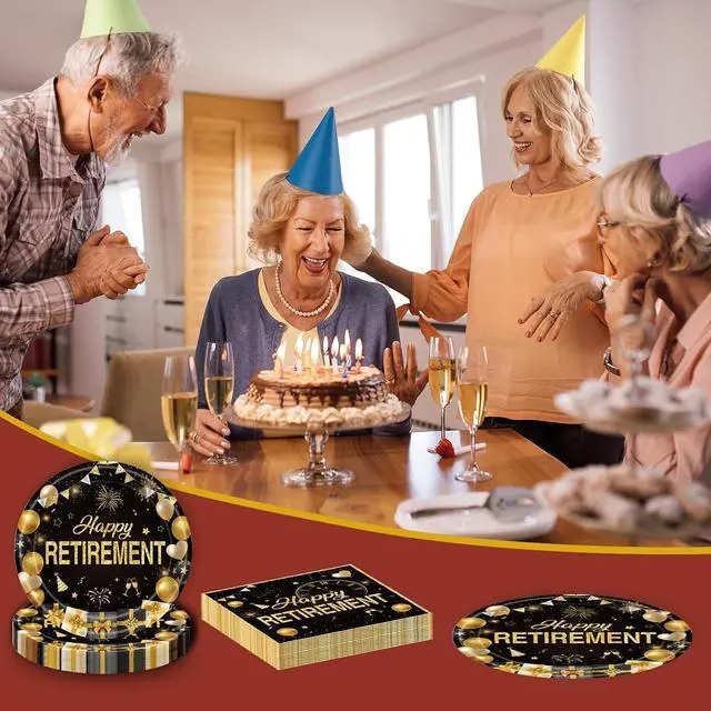 Alt view image 7 of 7 - 72Pcs Retirement Plates and Napkins, Black Gold Happy Retirement Party Decorations Paper Plates and Napkins with Forks Disposable Tableware Set for Men Women