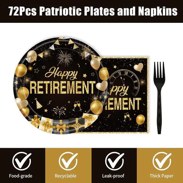 Alt view image 3 of 7 - 72Pcs Retirement Plates and Napkins, Black Gold Happy Retirement Party Decorations Paper Plates and Napkins with Forks Disposable Tableware Set for Men Women