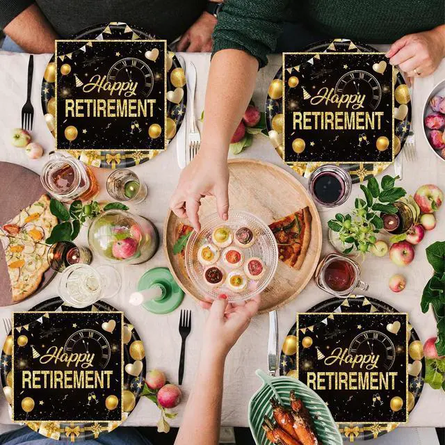Alt view image 5 of 7 - 72Pcs Retirement Plates and Napkins, Black Gold Happy Retirement Party Decorations Paper Plates and Napkins with Forks Disposable Tableware Set for Men Women