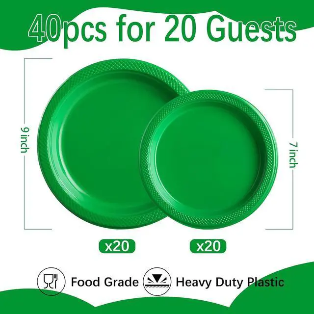 Alt view image 3 of 7 - 40 Pcs Green Plastic Plates, Green Plates for Party, Picnic | 20 Guests Green Disposable Plates for Christmas
