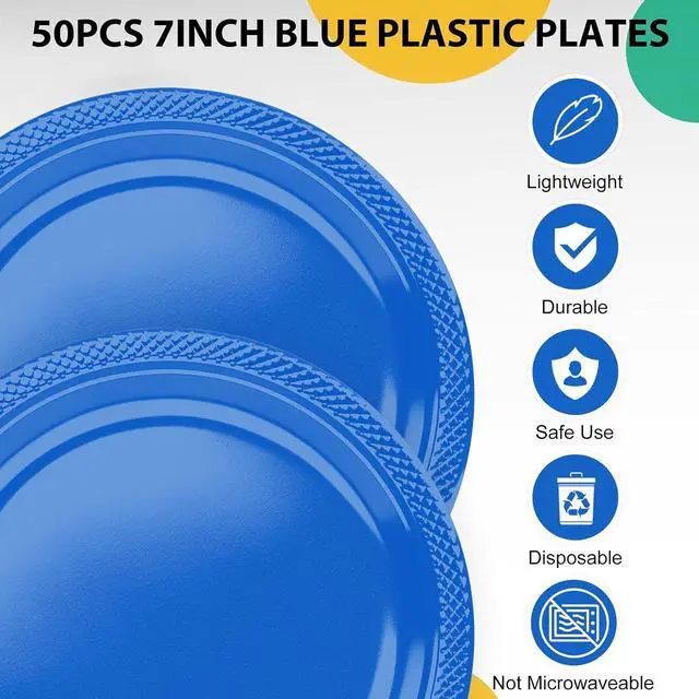 Alt view image 2 of 7 - Dark Blue Plastic Plates for Party - 7 Inch -50 Count,Disposable Plastic Dessert Plates for Birthday,Graduation,Picnic,Father's Day